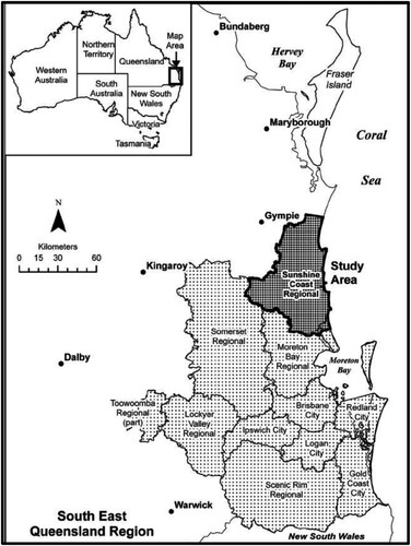 Figure 1. The location of the Sunshine Coast local government area positioned within the State of Queensland, and Australia (inset). Source: Singh-Peterson et al., Citation2014.