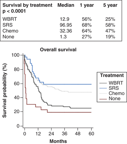 Figure 3. Overall survival of the cohort post-diagnosis distinguished by treatment received: whole brain radiation therapy, stereotactic radiosurgery and chemotherapy. The highest 5-year survival rate was observed in patients receiving SRS (58%), followed by chemotherapy (47%) and WBRT (25%) compared with untreated patients (19%).Chemo: Chemotherapy; SRS: Stereotactic radiosurgery; WBRT: Whole brain radiation therapy.