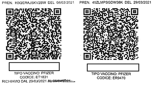 Figure 1. Patient’s COVID-19 vaccination QR codes related to the the 1st dose of March 8th and to the 2nd dose of March 29th.