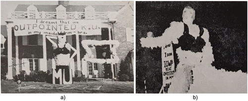 Figure 9. Left to right: a) Fraternity house homecoming decoration at Missouri University, Maidenform Mirror, April-May 1955. b) Iowa State University float, Maidenform Mirror, December 1952 – January 1953. Image taken by author from the Maidenform Collection, Archives Center, National Museum of American History, Smithsonian Institution.