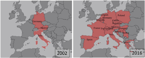 Figure 5 Map showing the spread of Usutu across Europe from 2002 to 2016.