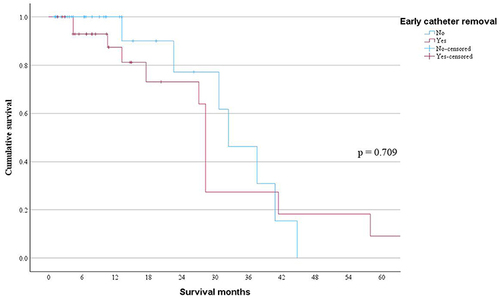 Figure 4 Effect of early unplanned catheter removal on patient survival. The median survival for the early group was 28.28 months (95% CI 27.43–29.15) compared to 32.39 (95% CI 24.11–40.68), for the non-early group, p=0.709.