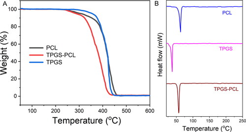 Figure 2. (a) Thermogravimetric analysis (TGA) of PCL, TPGS, and TPGS-PCL. (b) Differential scanning calorimetry (DSC) plots of PCL, TPGS, and TPGS-PCL.