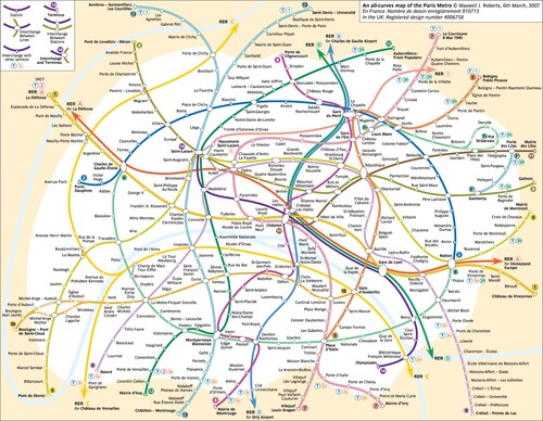 Figure 5. The curvilinear Paris Metro map, designed by the author, consistently out-performs the RATP official octolinear design (see Figure 1) in terms of time necessary to plan complex (i.e. two-transfer) journeys between pairs of stations. Image and design © Maxwell J. Roberts, all rights reserved, reproduced with permission.