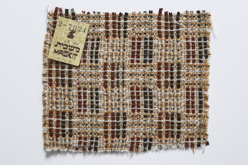 Fig 2 Neora Warshavsky for Maskit, handwoven upholstery fabric sample, wool and leather ribbons, 1965/1970. Photograph: Ran Erde.
