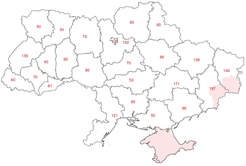 Appendix figure 1: The number of respondents per oblast. Note that the areas shaded in red are not included in the survey. Government-controlled areas of the Luhansk and Donetsk oblasts were oversampled.