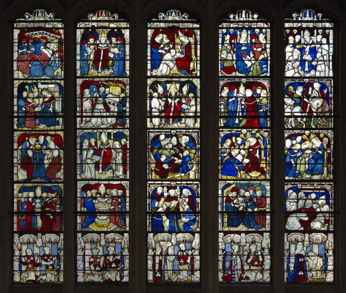 Fig. 1. York Minster, the St William window (nVII), rows 1–6. Members of the Roos family are depicted in row 1The York Glaziers Trust, reproduced courtesy of the Chapter of York
