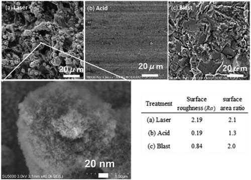 Figure 7. SEM images of adherend surface treated by (a) laser, (b) acid, (c) sandblast, and surface roughness and surface area ratio.