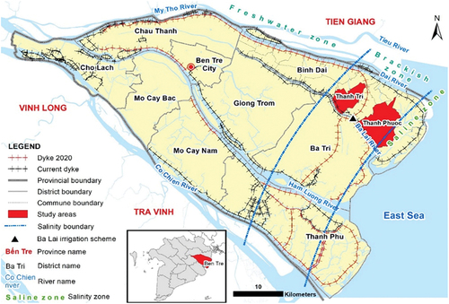 Figure 1. The map of Ben Tre Province and the study areas: Thanh Tri and Thanh phuoc communes (in red shades) in Binh Dai District. Source: adapted from Tran et al. (Citation2022).