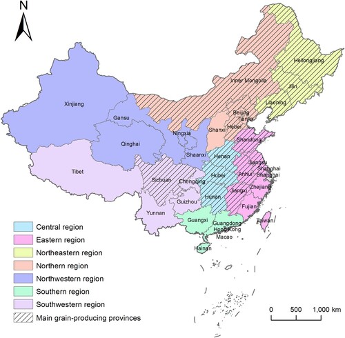 Figure 1. Geographical divisions and main grain-producing provinces of China. Note: it is produced by authors in ArcGIS 10.4.