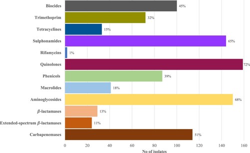 Figure 1. Prevalence of ARGs by antimicrobial classes. Percentages on the bar represent the proportion of isolates which harboured at least one ARG mediating resistance to that antimicrobial class.