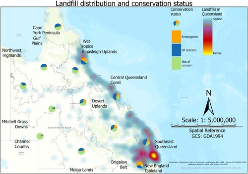Figure 1. Spatial distribution of landfills in different biogeographic regions in Queensland and percentage of the total number of remnant Regional Ecosystems (REs) in each biogeographic regions.