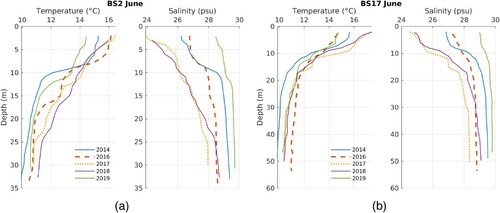 Fig. 7 Salinity and temperature profiles at CTD stations BS2 (left panels) and BS17 (right panels) for June.