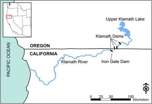 Figure 1. Klamath River from Upper Klamath Lake to the Pacific Ocean, and the dams of the Lower Klamath Hydroelectric Project including Iron Gate Dam.