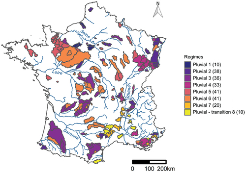 Figure 1. Location of the 229 catchments in mainland France. Classification into hydrological regimes as defined by Sauquet et al. (Citation2008).