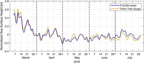 Fig. 4 Hourly, low-pass filtered, observed and model SSHs at Tofino for 4 March to 31 July 2016. Both time series have been normalized so their respective means are zero.