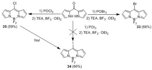 Figure 7 Synthesis of meso-functionalized BODIPYs 33–35.