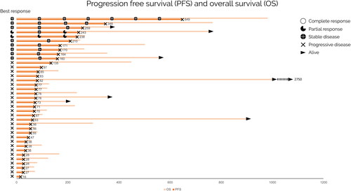 Figure 1. The course of the disease in terms of length of progression free survival (PFS) and overall survival (OS) for all patients. Patients are sorted according to the length of PFS. OS is shown in the brightest color and PFS is shown in the darkest. Tumor development was assessed according to the response Evaluation criteria in Solid Tumors (RECIST 1.1) criteria, and the responses are marked in the figure. The maximum number of temozolomide cycles was 18. The total amount of days with treatment until progression is indicated for every patient at the end of the row.