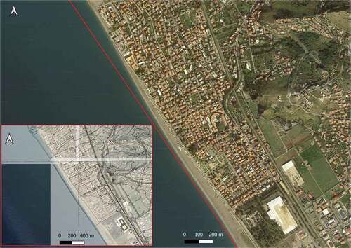 Figure 13. Tortora. Large panel: shoreline of 1954 (red line) with background Google satellite image of October 2019. Small panel: overlap between 1954 CASMEZ cartography and Google satellite image of October 2019.