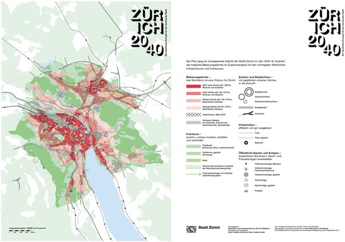 Figure 3. Zürich 2040 brochure map. The brochure reads, “The plan shows a strategic target for the city of Zurich in 2040. It illustrates the possible development density in combination with the most important public infrastructure and open spaces”. Produced by Zurich Department of Building Construction.