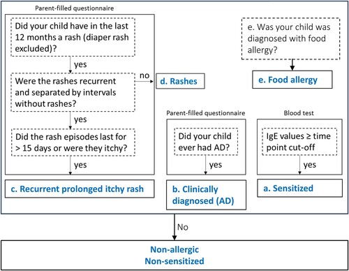 Figure 1. Flow chart for inclusion in the study groups. Questionnaires were filled in at 3, 6, 12 m after birth to assess the occurrence of recurrent prolonged itchy rashes (c), clinically diagnosed atopic dermatitis (AD) (b) and sensitisation (a). Non-allergic infants did not have any of the above nor any diagnosis of allergy at any time point.