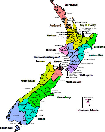 Figure 1: Map of Aotearoa New Zealand and its regions. Korakys, CC BY-SA 4.0, via Wikimedia Commons