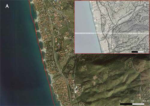 Figure 10. Sangineto. Large panel: shoreline of 1954 (red line) with background Google satellite image of October 2019. Small panel: overlap between 1954 CASMEZ cartography and Google satellite image of October 2019.