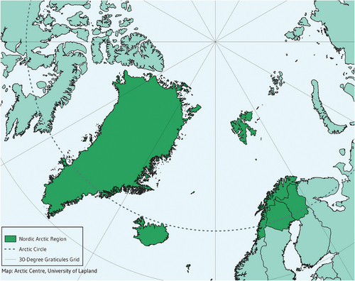 Figure 1. Nordic Arctic Regions. Map courtesy of the Arctic Centre, University of Lapland. Credit for the border data [Citation2].