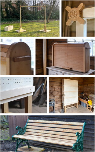 Figure 1. Dovetails projects, by row: (1) FlexiGames, (2) Tambour door cabinet, (3) Our lucky Shelves, (4) Garden bench. Images credit: Henry collingham.